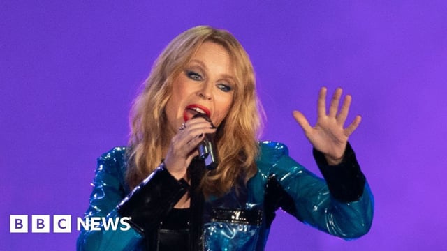 Kylie Minogue performing on stage at Radio 2 in the Park at Victoria Park in Leicester