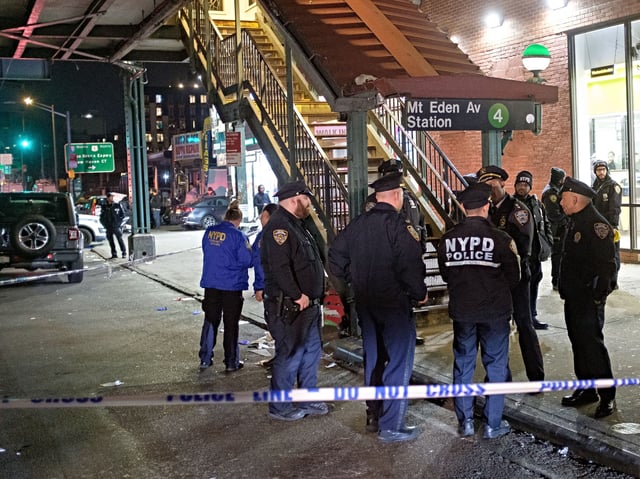 UNITED STATES -February 12: Police investigate after six people were shot at the Mount Eden Avenue subway station in the Bronx, New York City, New York City on Monday, February 12, 2024. (Photo by Gardiner Anderson for NY Daily News via Getty Images)