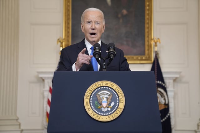 President Joe Biden delivers remarks in the State Dining Room of the White House, Tuesday, February 13, 2024, in Washington.