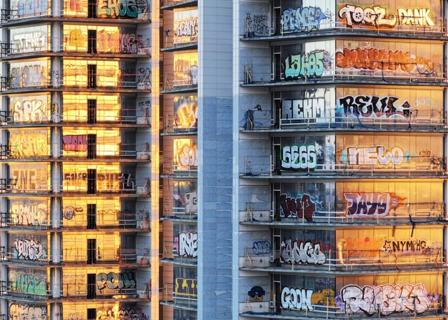 Graffiti on the unfinished skyscraper development in Los Angeles on Feb. 2, 2024.