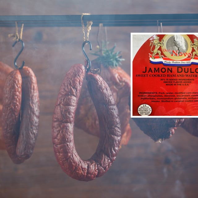 A stock image of pork products being cured in a smokehouse and, inset, an image of a label of one of the products being recalled by Don Novo & Son as of February 15, 2024.