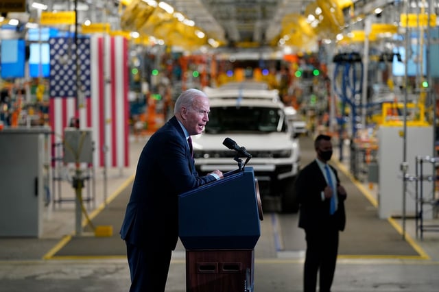 President Joe Biden speaks during a visit to the General Motors Factory ZERO electric vehicle assembly plant on November 17, 2021, in Detroit.