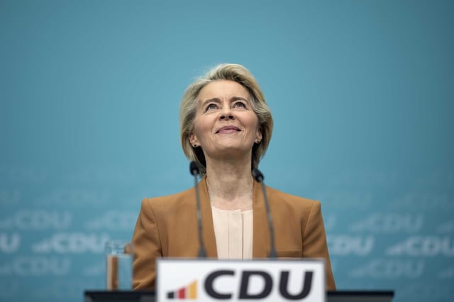 Ursula von der Leyen, President of the European Commission, looks up during a press conference after a board meeting of the Christian Democratic Union (CDU) in Berlin, Germany, Monday, Feb. 19, 2024. Ursula von der Leyen announced her intention to run for a second term as EU commission president.