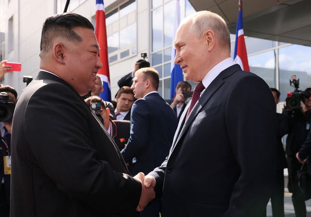 Russia's President Vladimir Putin shakes hands with North Korea's leader Kim Jong Un during a meeting at the Vostochny Сosmodrome in the far eastern Amur region, Russia, September 13, 2023.