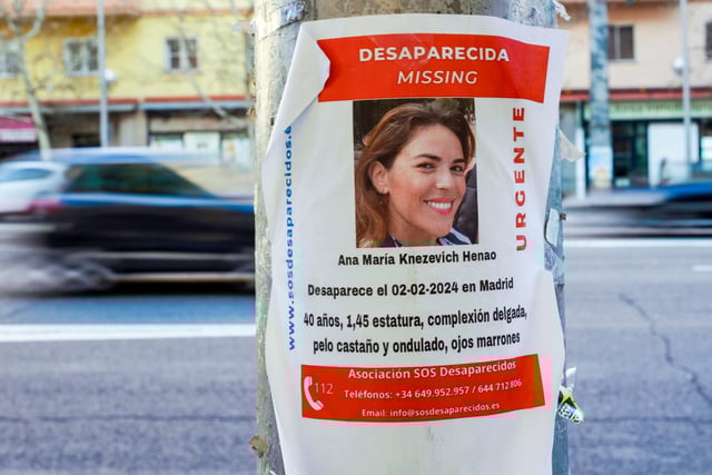 A poster of Colombian-American missing woman Ana Maria Knezevic Henao is displayed on a streetlight in Madrid, Spain, on Feb. 16, 2024.