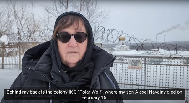 In this grab taken from video provided by the Navalny Team on Tuesday. Feb. 20, 2024, Russian Opposition Leader Alexei Navalny's mother Lyudmila Navalnaya speaks, near the prison colony in the town of Kharp, Russia. The mother of Russian opposition leader Alexei Navalny appealed to President Vladimir Putin to intervene and turn her son’s body over to her so she can bury him with dignity. Lyudmila Navalnaya, who has been trying to get his body since Saturday, appeared in a video outside the Arctic penal colony where Navalny died on Friday.  (Navalny Team via AP)