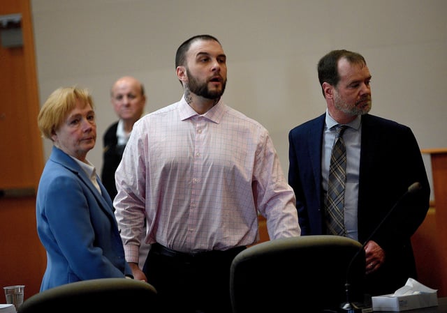 Adam Montgomery and his lawyers Caroline Smith and James Brooks watch as potential jurors enter the courtroom for jury selection ahead of his murder trial at Hillsborough County Superior Court in Manchester, N.H, on Tuesday, Feb. 6, 2024.