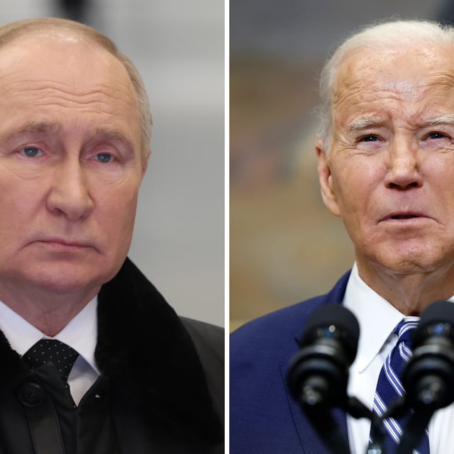 On the left, Russian President Vladimir Putin is seen at an aviation plant on February 21, 2024, in Kazan, Russia. On the right, U.S. President Joe Biden delivers remarks from the Roosevelt Room of the White House on February 16, 2024 in Washington, DC. Putin on Thursday said Biden was right to call him a “crazy SOB.”
