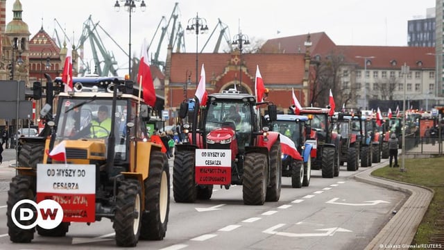 Tractors with red-and-white signs and Polish flags drive along a street. Buildings and the cranes in the port of Gdansk can be seen in the background, Poland, February 20, 2024