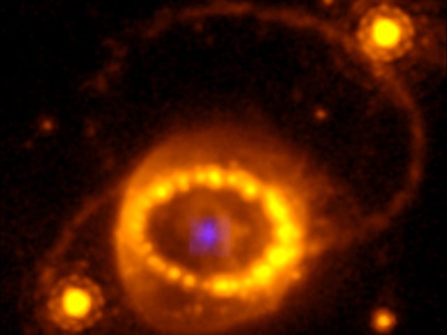 Combination of a Hubble Space Telescope image of SN 1987A and the compact argon source. The faint blue source in the centre is the emission from the compact source detected with the JWST/NIRSpec instrument. Outside this is the stellar debris, containing most of the mass, expanding at thousands of km/second. The inner bright “string of pearls” is the gas from the outer layers of the star that was expelled about 20,000 years before the final explosion. The is the fast debris are now colliding with the ring, explaining the bright spots. Outside of the inner ring are two outer rings, presumably produced by the same process as formed the inner ring. The bright stars to the left and right of the inner ring are unrelated to the supernova. (CREDIT: Hubble Space Telescope WFPC-3/James Webb Space Telescope NIRSpec/J. Larsson)