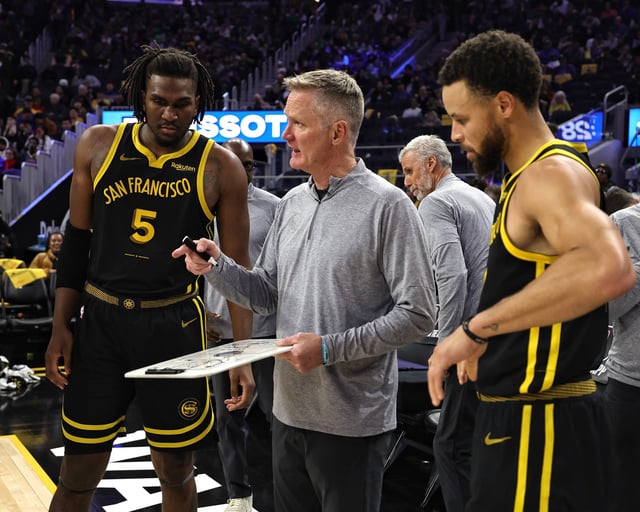 Steve Kerr coaches during the Golden State Warriors' game against the Boston Celtics.