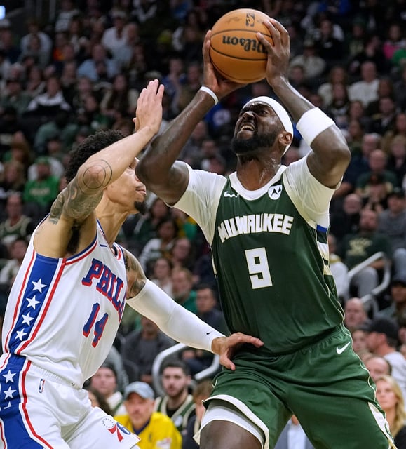 Milwaukee Bucks forward Bobby Portis (9) makes a move on Philadelphia 76ers forward Danny Green (14) during the second half of their regular season opener Thursday, October 26, 2023 at Fiserv Forum in Milwaukee, Wisconsin. The Milwaukee Bucks beat Philadelphia 76ers 118-117.



Mark Hoffman/Milwaukee Journal Sentinel