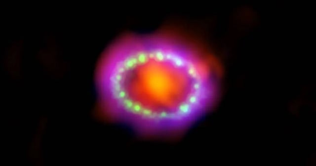 A composite image of the supernova remnant SN 1987A, made up of X-rays, optical and submillimeter wavelengths. It's home to the youngest detected neutron star