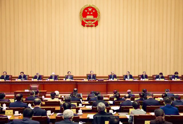 On Tuesday, Zhao Leji, chairman of the National People’s Congress (NPC) Standing Committee, presides over the closing meeting of the eighth session of the 14th NPC Standing Committee in Beijing. Photo: Xinhua