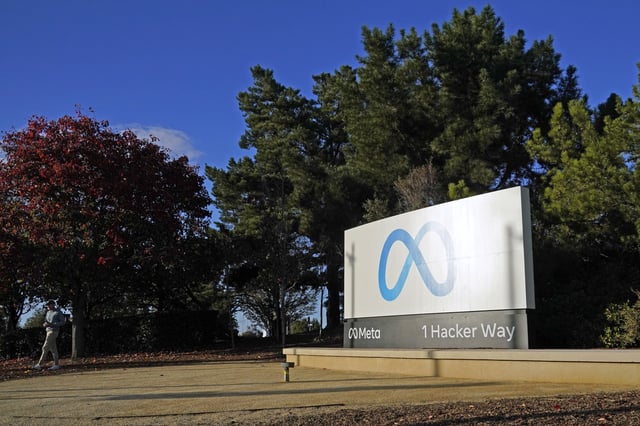 A sign of the Meta logo at the company's headquarters in Menlo Park, Calif. on Nov. 9, 2022. 