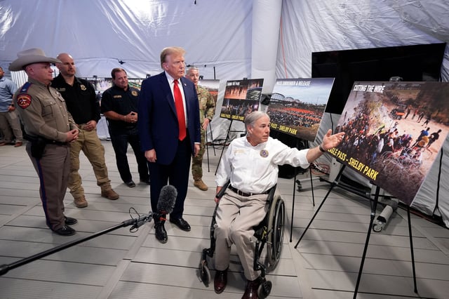 Republican presidential candidate former President Donald Trump listens to Texas Gov. Greg Abbott during a briefing during a visit to the U.S.-Mexico border, Thursday, Feb. 29, 2024, in Eagle Pass, Texas.