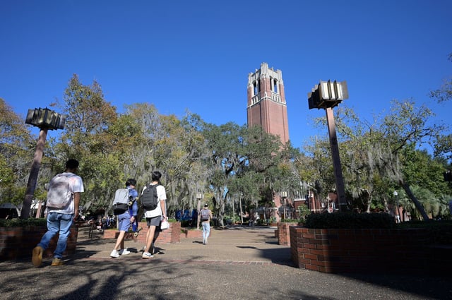 Students walk through the University of Florida campus on the last day of regular classes for the semester before finals testing week, Wednesday, Dec. 7, 2022, in Gainesville, Fla. (Phelan M. Ebenhack via AP)