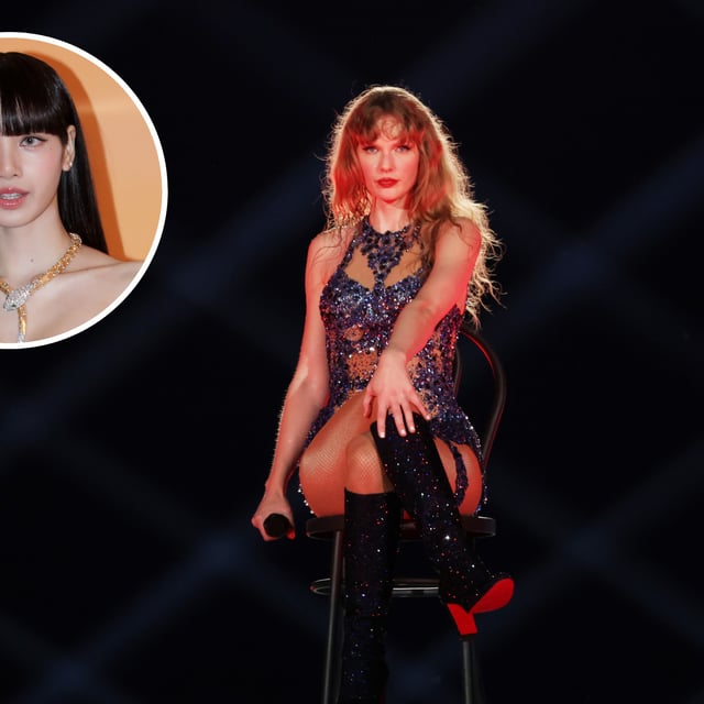 Taylor Swift performs during "Taylor Swift | The Eras Tour" at the National Stadium on March 02, 2024 in Singapore. [INSET IMAGE] Lalisa Manoban of girl group BLACKPINK attends the 'BULGARI' Aurora Awards on October 18, 2022 in Seoul, South Korea. She attended one of Swift's shows in Singapore.