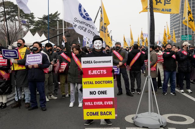 Doctors attend a rally in Seoul against the government’s medical reforms on March 3. Photo: AP