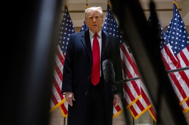 Former President Donald Trump speaks at a press conference at 40 Wall Street on January 17, 2024 in New York City.