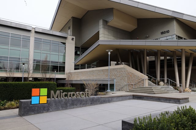A Microsoft sign is seen at the company's headquarters on March 19, 2023 in Seattle, Washington.