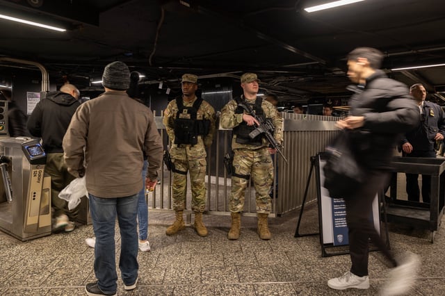 Members of the National Guard patrol the Grand Central-42 Street subway station in New York, US, on Wednesday, March 6, 2024.