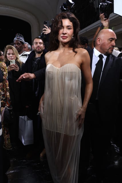 Kylie Jenner wore a neutral bustier dress to the Jean Paul Gaultier show in January to Paris Haute Couture fashion week.