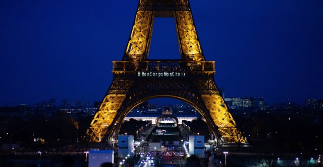 The message "MyBodyMyChoice" in French is projected onto the Eiffel Tower after the French parliament voted to anchor the right to abortion in the country's constitution on Monday. (Photo: Mathilde Kaczkowski/Hans Lucas/ AFP/Getty Images)