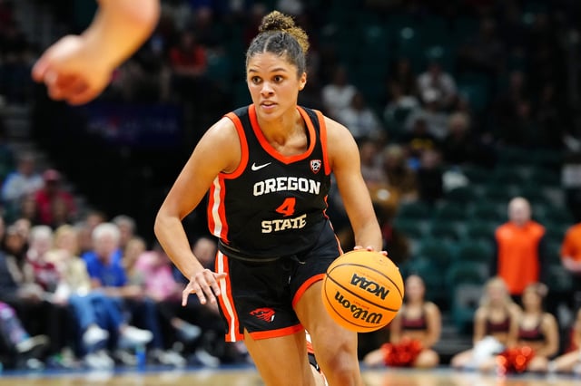Oregon State Beavers guard Donovyn Hunter (4) dribbles against the Stanford Cardinal during the first quarter at MGM Grand Garden Arena March 8, 2024, in Las Vegas.