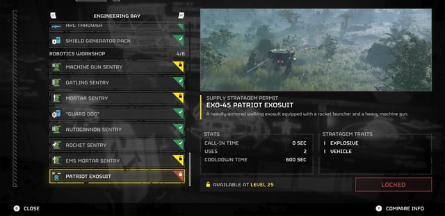 Arrowhead delivers mechs to Helldivers 2: the new EXO-45 Patriot is a bipedal walker with rocket pods on the left, and a minigun on the right.