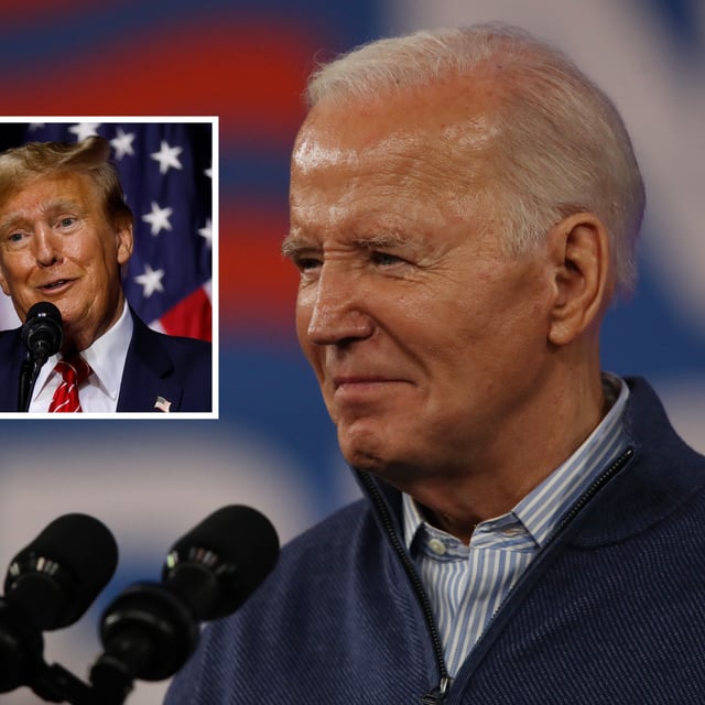 President Joe Biden speaks at campaign event on March 08, 2024, in Wallingford, Pennsylvania. Inset, former President Donald Trump speaks at campaign rally at the Forum River Center March 09, 2024, in Rome, Georgia.