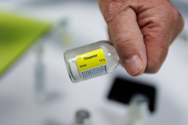 A vial of “Thiopental” a barbiturate that is used in the practice of euthanasia. Photo: AFP