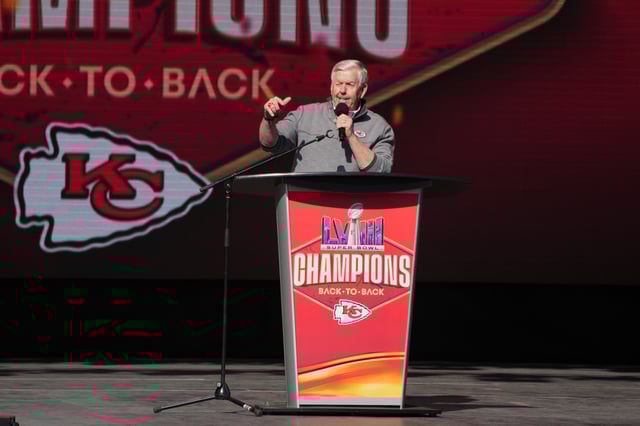 Missouri governor Mike Parson speaks during the celebration of the Kansas City Chiefs winning Super Bowl LVIII on Feb. 14, 2024.