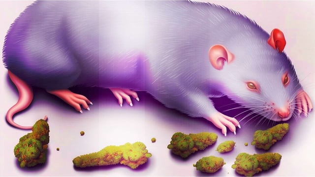 An illustration of a rat eating buds of cannabis