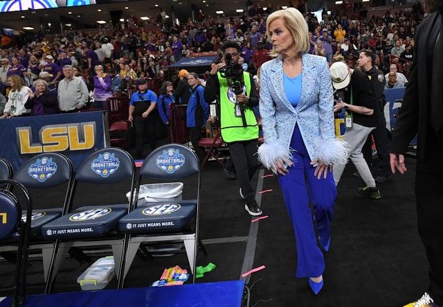 Louisiana State University Coach Kim Mulkey walks on the court in Greenville, South Carolina, on March 10, 2024.