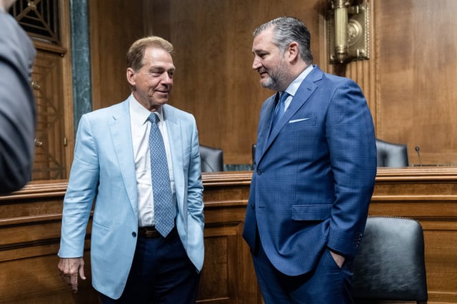 Former University of Alabama Head Football Coach Nick Saban talks to Sen. Ted Cruz, R-Texas, 
in Washington, D.C. on March 12, 2024. 