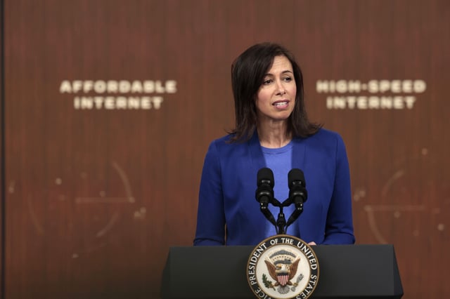 Federal Communications Commission Chairwoman Jessica Rosenworcel delivers remarks on the Biden administration’s Affordable Connectivity Program at the South Court Auditorium at Eisenhower Executive Office Building on February 14, 2022 in Washington, DC.