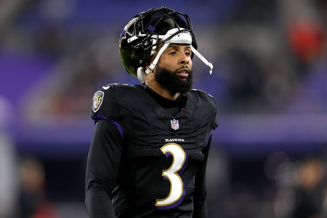 BALTIMORE, MARYLAND - NOVEMBER 16: Odell Beckham Jr. #3 of the Baltimore Ravens looks on prior to the game against the Cincinnati Bengals at M&T Bank Stadium on November 16, 2023 in Baltimore, Maryland. (Photo by Patrick Smith/Getty Images)