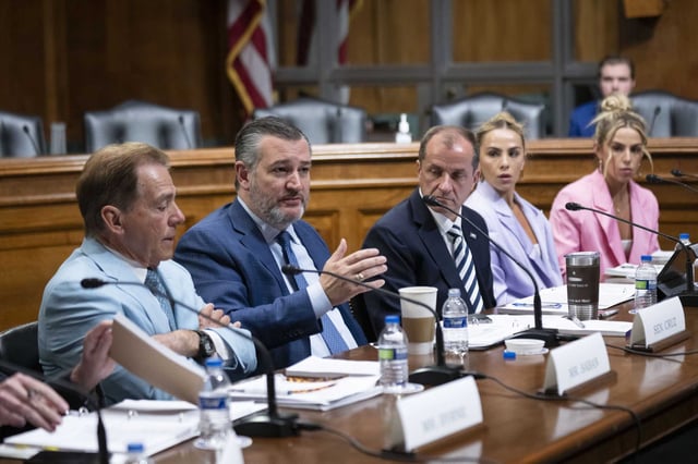 Former University of Alabama Head Football Coach Nick Saban, from left, Sen. Ted Cruz, R-Texas, Commissioner of the Atlantic Coast Conference (ACC) Jim Phillips, former University of Miami student-athlete Hanna Cavinder and TCU student-athlete Haley Cavinder participate in a roundtable on the future of college athletics and the need to codify name, image and likeness rights for student athletes, on Capitol Hill, Tuesday, March 12, 2024, in Washington.