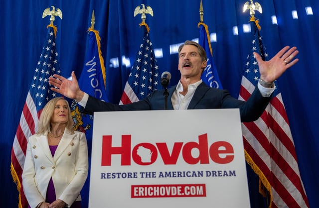 Eric Hovde officially launches his campaign to challenge Democratic U.S. Sen. Tammy Baldwin at an event Tuesday, February 20, 2024 in Madison, Wisconsin. Hovde previously ran for Senate in 2012 but finished a close second to former Wisconsin Republican Gov. Tommy Thompson in the primary.