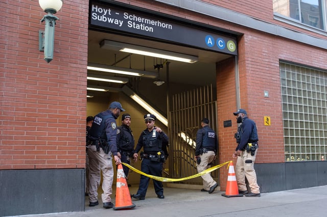 Police respond after a person was shot at the Hoyt-Schermerhorn subway station in Brooklyn, New York City on Thursday, March 14, 2024. (Gardiner Anderson for New York Daily News/Tribune News Service via Getty Images)