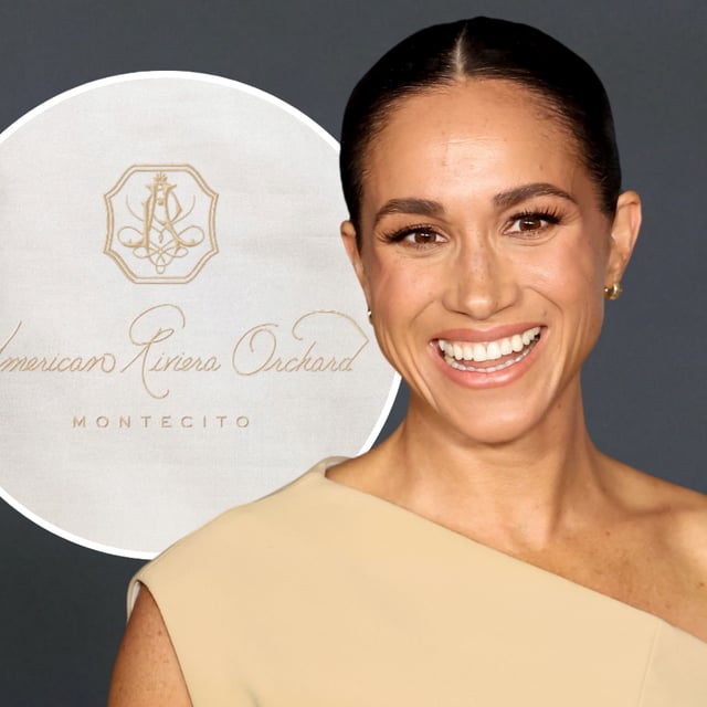 The Duchess of Sussex as photographed in Los Angeles, November 16, 2023. And (inset) branding for "American Riviera Orchard", 2024. Meghan's new brand will place her shoulder to shoulder with the Hollywood elite, an expert has claimed.
