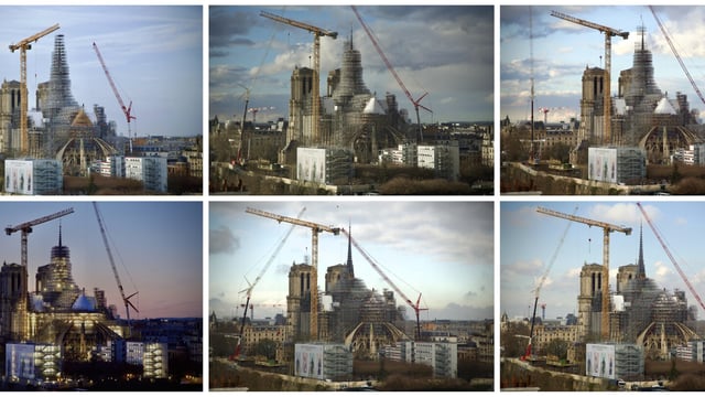 This combination photo shows, from top left, clockwise, the scaffolding around the Notre Dame de Paris cathedral spire being removed from Jan. 24, 2024 to March 6, 2024. Scaffolding has enshrouded Notre Dame Cathedral in Paris since a 2019 fire destroyed its spire and roof and threatened to collapse the whole medieval structure. After an unprecedented international reconstruction effort, the scaffolding is at last starting to peel away. (AP Photos captured from La Tour d'Argent restaurant/Alexander Turnbull)