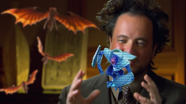 An alien expert from Ancient Aliens holds a small Illuminate sniper in his hands from Helldivers 1. In the background are Shriekers, a flying variant of Terminid.