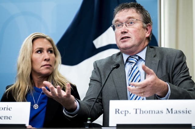 Reps. Thomas Massie, R-Ky., and Marjorie Taylor Greene, R-Ga., on November 10, 2022.