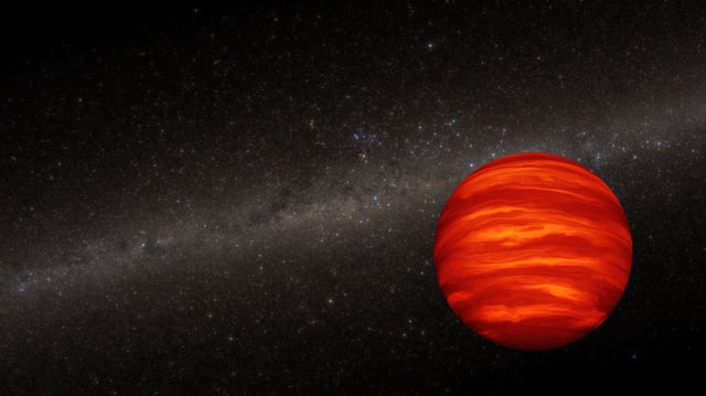This is an artist’s representation of a brown dwarf. This class of object is too large to be a planet (and did not form in the same way), but is too small to be a star because it cannot sustain nuclear fusion, since it is less massive than even the smallest stars. A brown dwarf is likely to be marked by wind-driven horizontal bands of thick clouds that may alternate with relatively cloud-free bands, giving the object a striped appearance. Whirling storm systems as big as terrestrial continents, or even small planets, might exist. The name ‘brown dwarf’ is actually a misnomer because the object would typically appear red to the naked eye. It is brightest in infrared light. Many brown dwarfs have binary companions. But as they age, the binary system drifts apart and each dwarf goes its separate way, according to a recent Hubble Space Telescope study. The background stars in this illustration are a science visualisation assembled from the Gaia spacecraft star catalogue. The synthesised stars are accurate in terms of position, brightness, and colour. Because this is not an image of the Milky Way, missing are glowing nebulae and dark dust clouds. [Image description: This artist’s representation shows a brown dwarf, an object more massive than a planet but smaller than a star. The dwarf is a cherry-red sphere. It has horizontal stripes of various shades of red that are cloud bands. In the dark background there are myriad stars that are inside our Milky Way galaxy.] Credit: NASA, ESA, J. Olmsted (STScI)