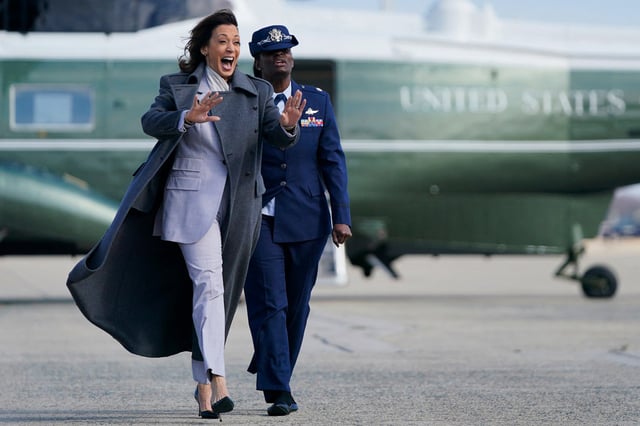 Vice President Kamala Harris arrives to board Air Force Two as she departs Joint Base Andrews, for Puerto Rico on March 22, 2024.
