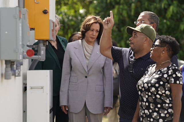 Vice President Kamala Harris tours a private home with residents in Canovanas, Puerto Rico, on March 22, 2024.