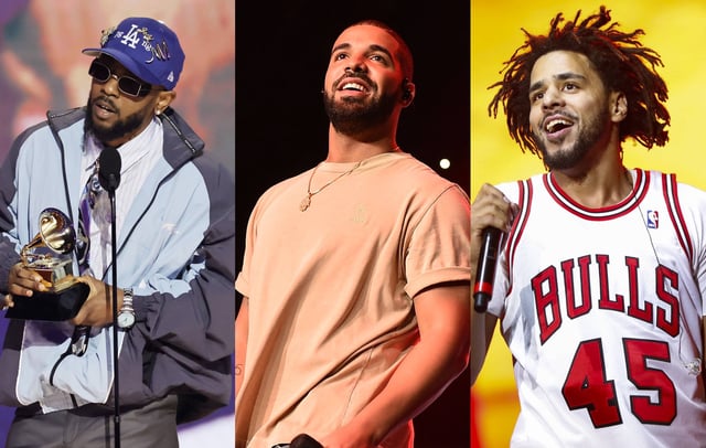 Kendrick Lamar, Drake and J. Cole. CREDIT: Kevin Winter, Paras Griffin and Michael Hickey via GETTY
