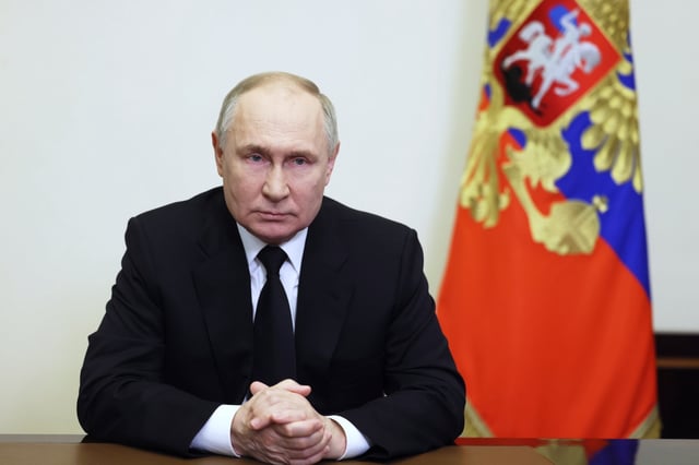 Russian President Vladimir Putin addresses citizens on March 23, 2024, following a terrorist attack at the Crocus City Hall concert venue in Moscow region a day earlier. Photo: EPA-EFE